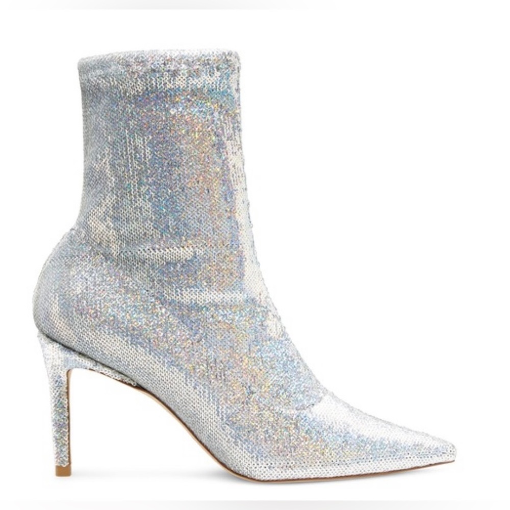 Stuart Weitzman STUART 85 Stretch Silver Sequin Booties Sock Boots Women’s 7